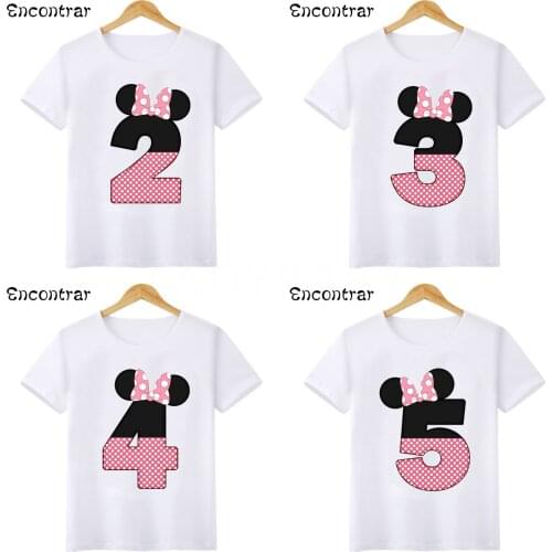 Kids Cartoon Mouse T-shirts Baby Girls Happy Birthday Number 1-9 Bow Cute T shirt Children Short Sleeve Tops,HKP3057