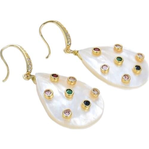 GG Jewelry Teardrop White Shell Mop Trimmed With Multi Color Cz Dangle Hook Earrings