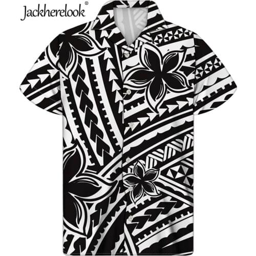 Jackherelook Short Sleeve Hawaiian Shirts for Mens Black Polynesian Tribal Tattoo Floral Brand Design Plus Size Male Tops 2021