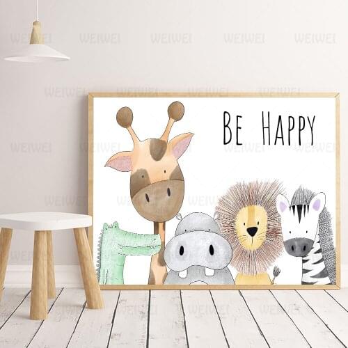 Be Happy Nursery Room Prints Painting On Canvas Animals Hippo Giraffe Monkey Lion Poster Picture Home Decor For Kids Baby Room