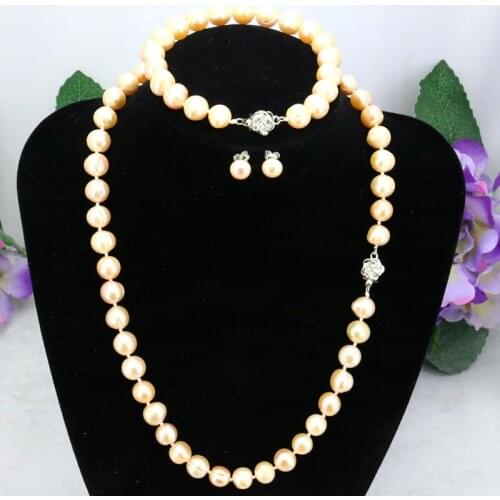Pink pearl necklace set 8-9mm flower button necklace 18" bracelet 7.5" earrings 2 piece/lot women suitable for gathering place