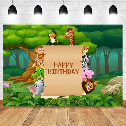 Laeacco Photo Backdrop Happy Birthday Jungle Forest Safari Birthday Party Newborn Baby Shower Customized Photography Background