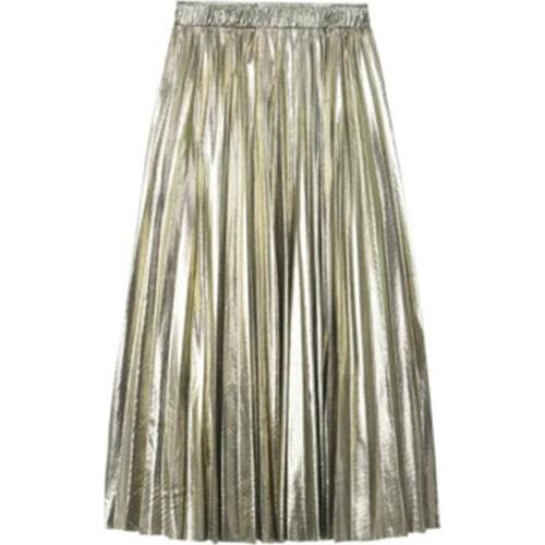 Black Metallic Pleated Skirts Womens Elegant Midi Skirt Korean Style Elastic Waist Shiny Punk Long Maxi Skirt Silver Gold Skirt
