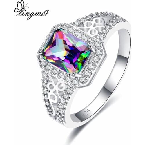 Lingmei Dropshipping Gorgeous Luxury Fashion Fire Mystic Multi & White & Purple Zircon Silver ColorRing Size 6 7 8 9Rings