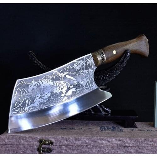 Longquan ghost hand made white tiger cutting knife chef knife hand forged carved patterns bone cleaver household kitchen knife