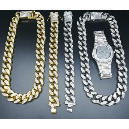 2cm Hip Hop Gold Watch Jewelry Ice Out Cuban Crystal Miami Cuban Gold Silver Color Men Watch & Necklace & Bracelet Set King
