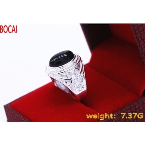 S999 sterling silver platinum mens black agate oval ring retro Korean fashion domineering