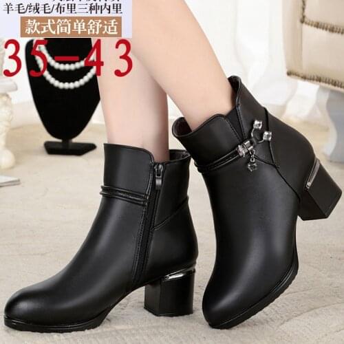 New Style Leather Short Boots Womens Thick-heeled Mid-heel Large Size Wool Warm and Velvet Non-slip Womens Cotton Boots