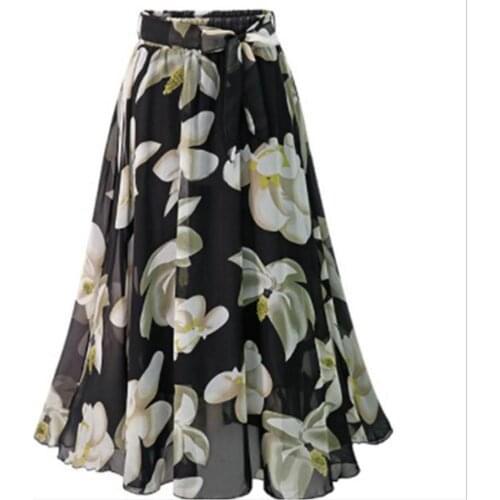 New Plus Size Women Chiffon Skirt Fashion Bow Saia Flower Printing Jupe Femme Falda Mujer Summer Print Floral Skirt L/5Xl K1378