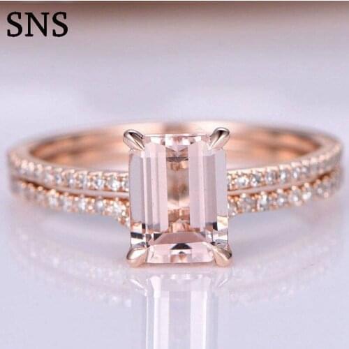 New Listing 1.4carat 6*8mm Emerald Shape Morganite Engagement Halo Ring Set Solirate with Moissanite 14k Rose Gold For Women