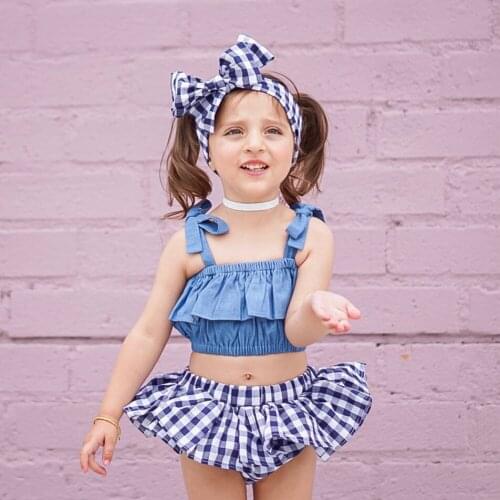 Infant Baby Girl Clothes Sling Ruffle Vest Short Tops+Plaid Skirt Headband 3PCS Outfit Summer Set Sunsuit