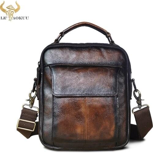 Original Leather Male Vintage Design School Messenger Crossbody bag Fashion Coffee College 10" Tablet Tote Book Satchel bag 3336