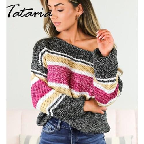 Striped Sweater Womens Jumper 2021 Autumn Off The Shoulder Warm Sweaters for Women Pullovers O Neck Sexy Spliced Knitted Top