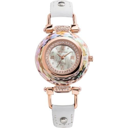Luxury Crystal Melissa Lady Womens Watch Shell Hours Fine Fashion Bracelet Real Leather Rhinestones Girls Birthday Gift Box