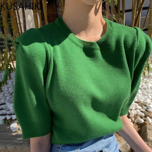 KUSHAIKI Chic Puff Sleeve Knitted Graphic Tee Causal O-neck Woamn Tshirts 2021 Summer New Ice Silk Korean Sweater Tops 6K150