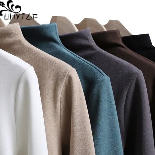 UHYTGF Turtleneck warm autumn winter t-shirt womens long sleeve pullover casual 4XL plus size top Slim Inside warm clothes 1152