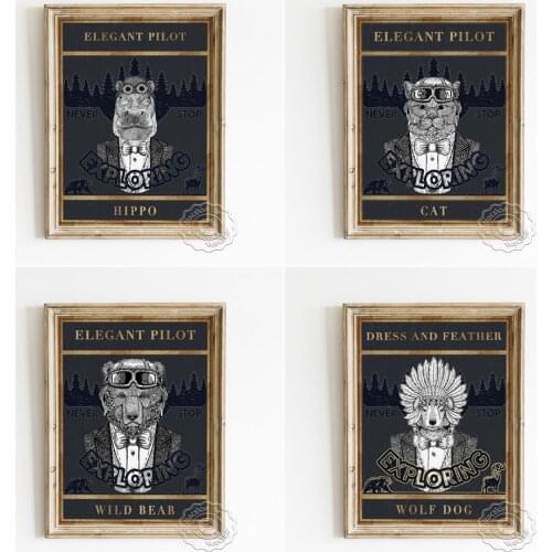 Vintage Animal Sketch Art Prints Poster, Elegant Pilot Cat Wild Bear Hippo Canvas Painting, Dress Feather Wolf Dog Home Decor