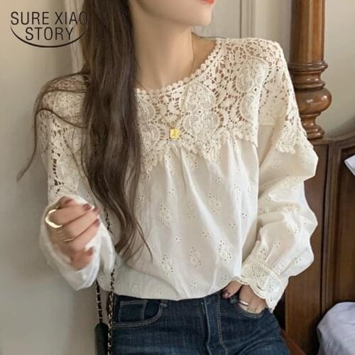 Spring Lace Blouse Women Plus Size O Neck Crochet Hollow Stitching Shirt Fashion Korean Style Apricot Long Sleeve Tops 13354