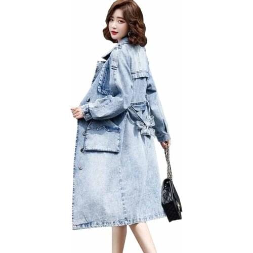 2020 Spring Autumn Women Denim Trench Coat High Quality X-Long Jean Outwear Large Size Casual Windbreaker Single-breasted KW282