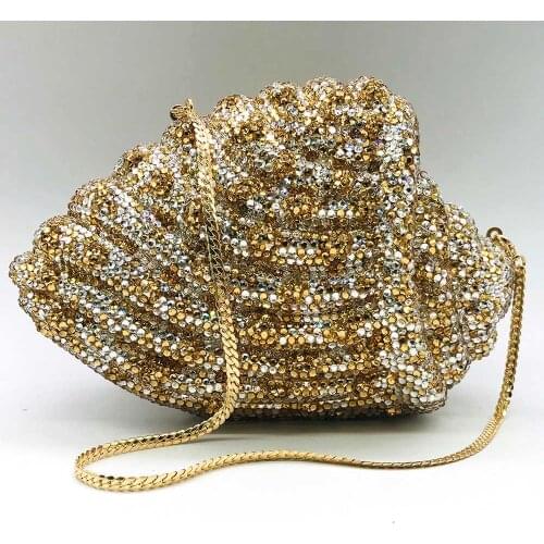Boutique De FGG Bling Conch Shape Women Crystal Evening Purse Minaudiere Handbags Wedding Party Mini Rhinestone Clutch Bags