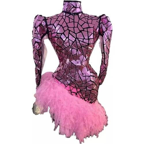Stage Costume For Singer Women pink Mirror long sleeve Dress backless tight lace Sexy Party Prom Birthday Dresses club celebrity