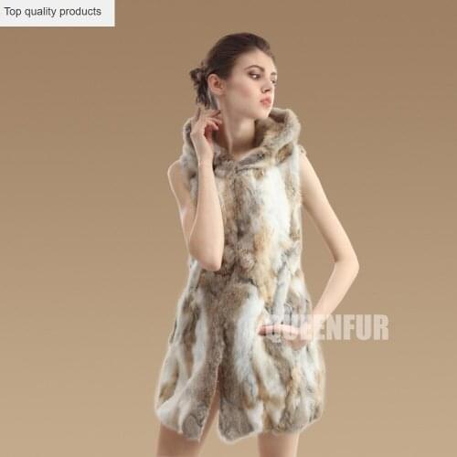 Genuine Knitted Rabbit Fur Vest Women 2015 New Fashion Sleeveless Hooded Md-long Slim Natural Thick Warm Coat Jacket ZL3322