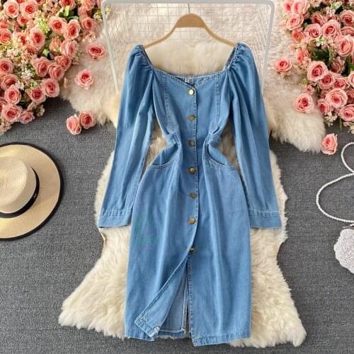 Korean Women Denim Dress 2021 New Autumn Blue V-neck Long Sleeve Single Breasted Sash Bow-tied Pockets Knee Length Jeans Dress