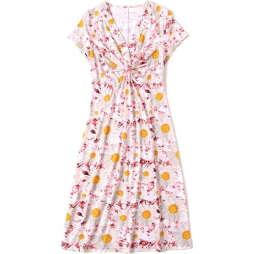 Pink Blue Summer V-Neck Womens Mini Dress Ruched Simple Waist Prairie Chic Style Acetate Dresses Female Floral Printing Skirt