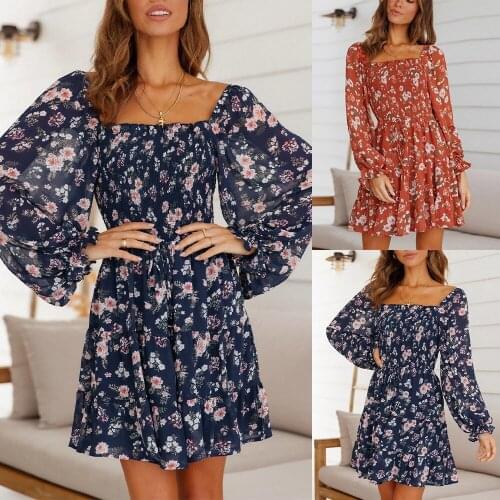 Ruffle Ladies Midi Dress PFloral Printed Women Dress Sexy A-Line Long Sleeve Autumn Sundress arty Beach Female Dress D30