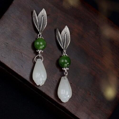 2018 New Earings Fashion Jewelry Deer S925 Pure Antique Mosaic Real Jade Jasmine Orchid Leaf Lady Earrings Wholesale