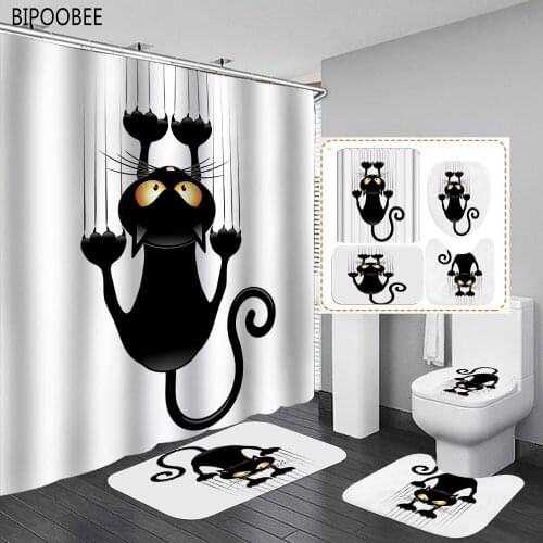 Scratch Cat 3d Bathroom Curtains Fabric Shower Curtain Set Bath Mats Rugs Toilet Lid Cover Pedestal Anti-slip Carpet Home Decor