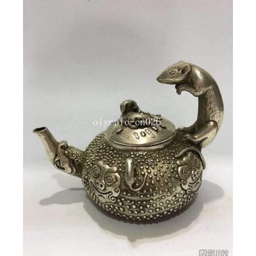 5'' tibetan copper silver-plated carved animal mouse rat dragon teapot cup pot