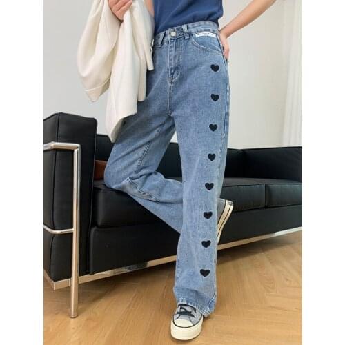 LMQ NEW 2021 Spring Summer High Waist Pants Love Pattern Embroidered Printed Jeans Loose Wide Leg Straight Denim Trousers