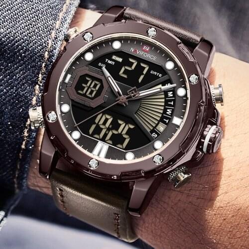 New NAVIFORCE Men Watch Leather Quartz Mens Wrist Watches Military Dual Display Waterproof Sport LED Digital Male Clock for Man