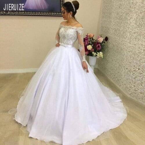 JIERUIZE Elegant Ball Gown Wedding Dresses Off Shoulder Boat Neck Long Sleeves Button Back Appliques Bow Sash robe de mariee