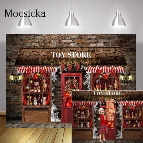 Toy Store Counter Backdrop Winter Red Christmas Background Gifts Bear Brick Wall Photography Backdrops Photo Shoot Props
