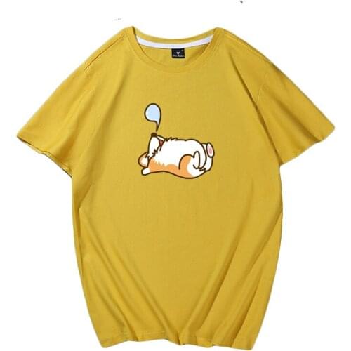 Kpop Tshirt Cute Cartoon Corgi Sleeping Graphic Tees Women Oversized Casual T-shirt Harajuku Streetwear O-neck Cotton Tshirt Men
