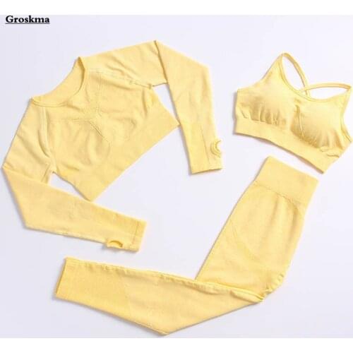 High Waist Pants+Bra+T Shirt Women Seamless 3 Piece Set Outdoor Sportswear Running Suits Fitness Gym Long Sleeve Crop Tops