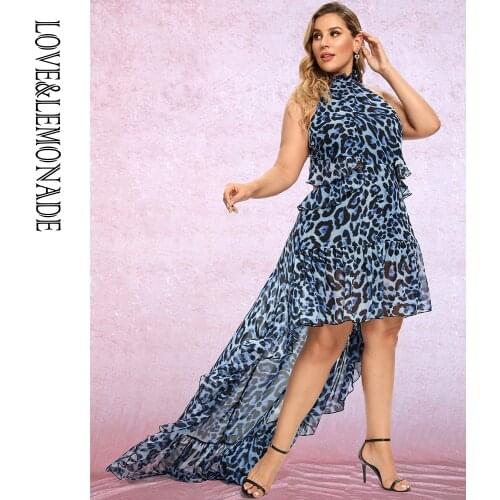 LOVE&LEMONADE PLUS SIZE Stand-Up Collar Blue Leopard Print Chiffon Sleeveless Open Back A-Line Beach Summer Dress LM81853-PLUS
