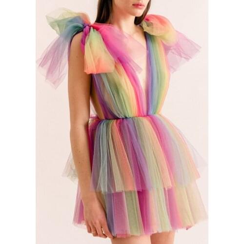 Cute Colourfu Candy Color Deep V-neck Women Dress Tiered Tulle Sexy Mini A-line Mini Dress Custom Made Plus Size