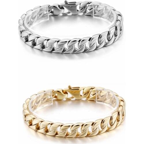 10mm Trendy Men Stainless Steel Bracelet Heavy Gold Tone Cuban Link Chain Curb Bracelets Bangle Jewelry 9inch