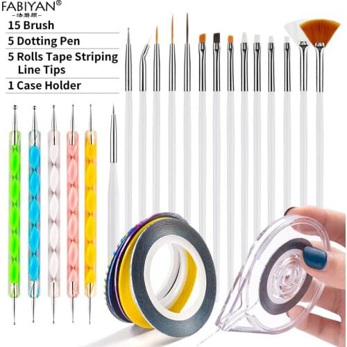 Set 15 Brush + 5 Dotting Pen + 5 Rolls Tape Striping Line Tips + 1 Case Holder Nail Art Decoration Manicure Tools DIY