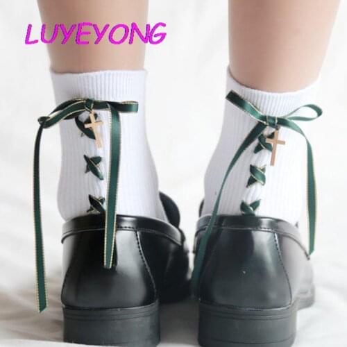 Black White JK Girl Gothic Criss Cross Ribbon Bow Metal Star Cross Moon Pendant Cotton Socks Lolita Middle Tube Women Sock 2021