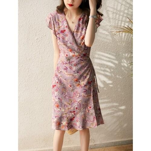 French print slim wrap mulberry silk tea break dress dress summer new style chinese fashion vestido midi elegante