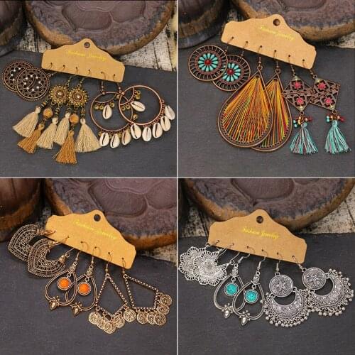 Maison d'amour Trendy Bohemian Tribe Vintage Hollow Round shell tassel featehr Pendant Earrings For Women Ethnic Earrings Set