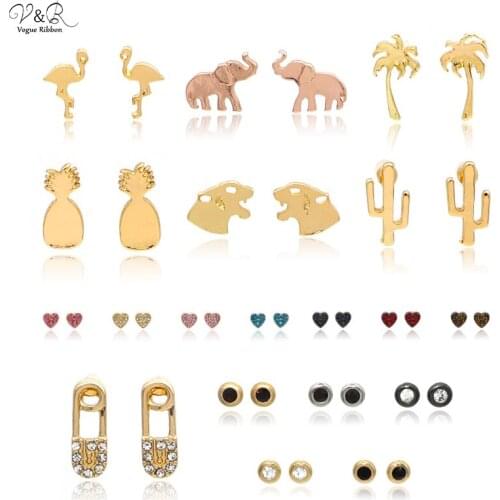 New Design Earrings 2020 Gold/ Rhodium/ Rose Cute Stud Earring With Elephant Flamingo Tree Pineapple Leopard Heart