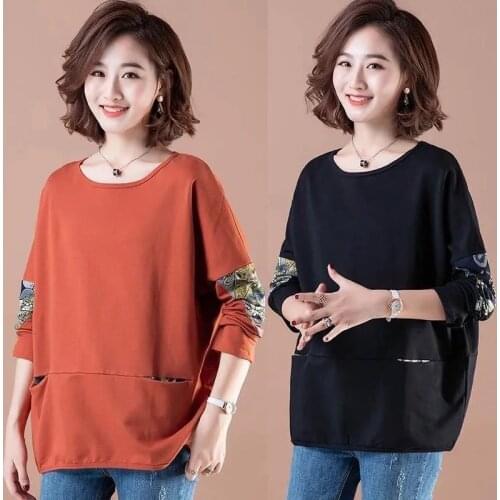 2021 New Autumn Spring 50% Cotton O Neck Woman long sleeve t-shirts Fashion Korean Style Flower Pattern Oversized t shirt