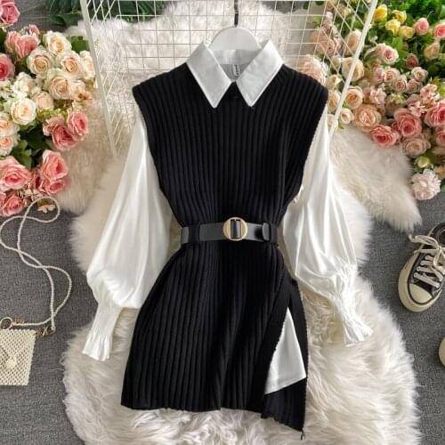2021 spring autumn womens lantern sleeve shirt knitted vest two piece sets of College style waistband vest two sets top