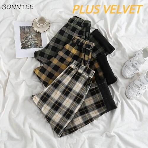 3 Colors Plaid Pants Women Thicker Plus Velvet Korean Style Simple Chic Trendy Popular All-match Leisure Ulzzang Female Bottom