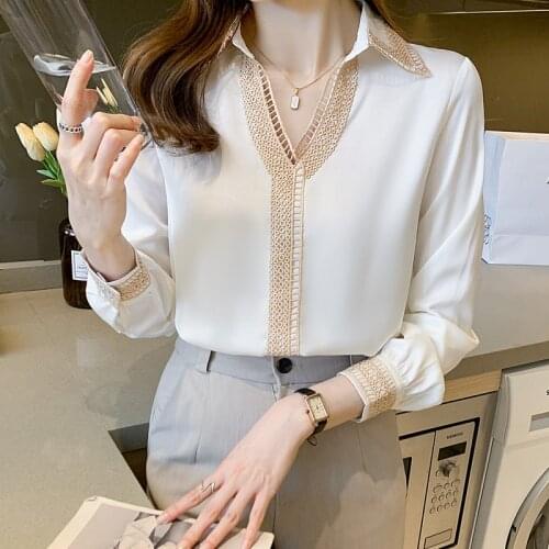 Pullover Chiffon shirt Womens Long Sleeve blusas mujer de moda 2021 V-neck shirt fashion White Chiffon Lace Ladies top 800A